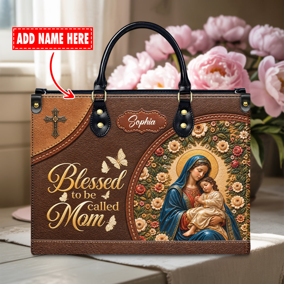Personalized Blessed Mom Christian Handbag – Twill Faux Leather & PU Leather
