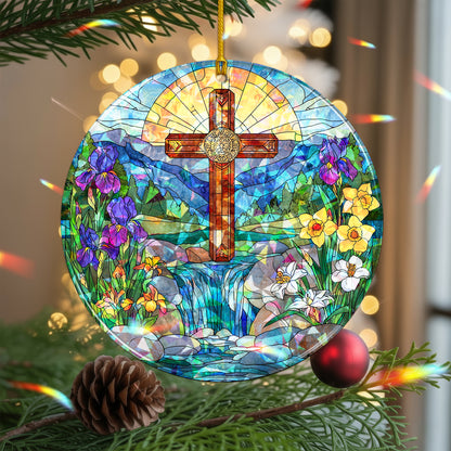 Stained Glass Cross Holographic Christmas Ornament | Symbol of Hope & New Life | Religious Christian Keepsake