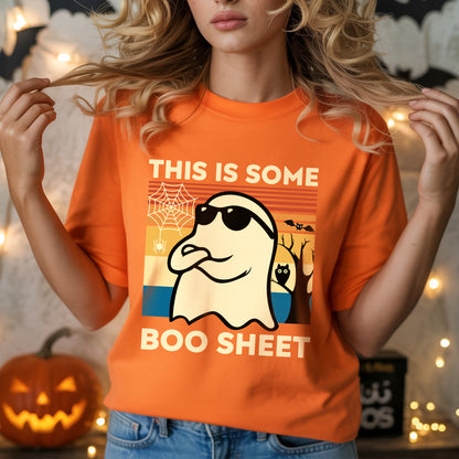 This Is Some Boo Sheet Funny Ghost Halloween T-Shirt - Vintage Sunset Spooky Season Humor Tee