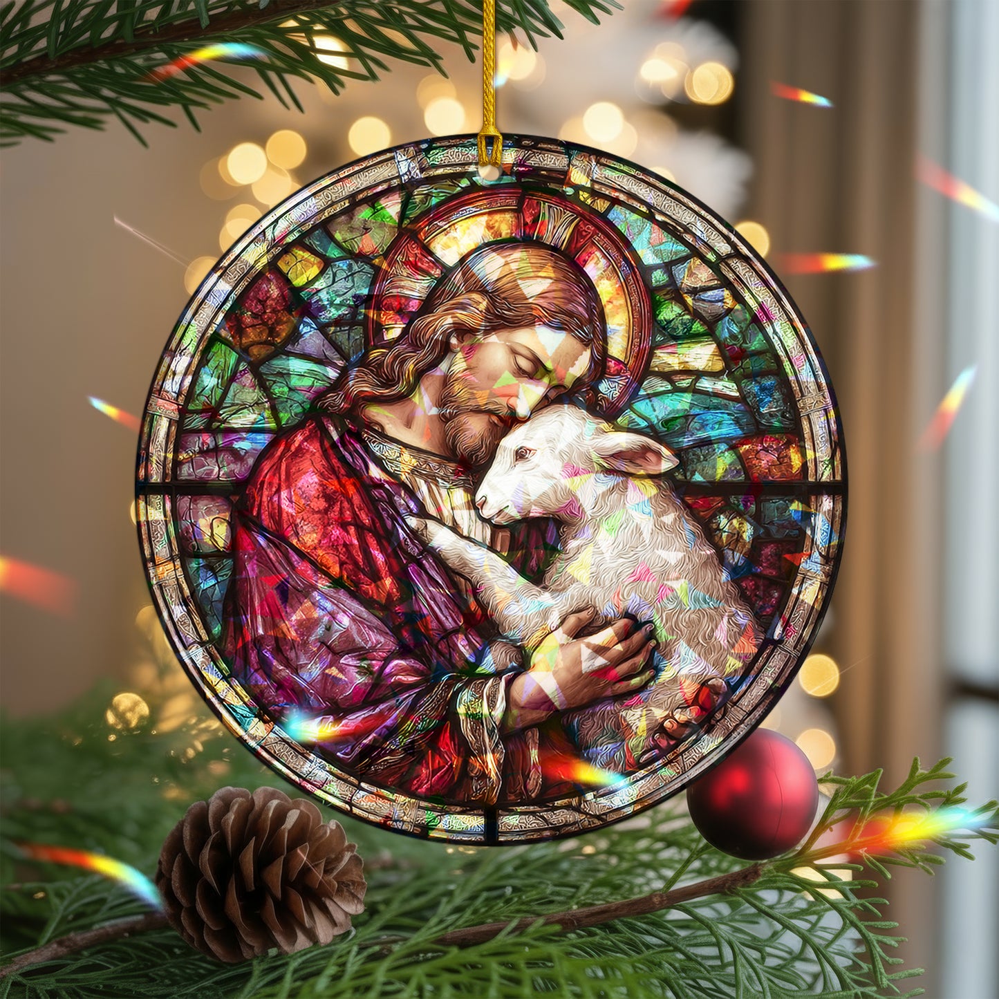 Stained Glass Good Shepherd Holographic Christmas Ornament | Jesus and Lamb Religious Keepsake | Christian Tree Decoration