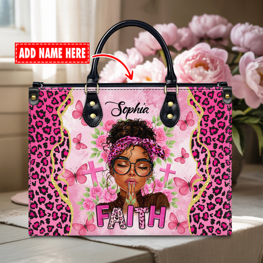 Faith Prayer Pink Leopard Christian Personalized Leather Handbag