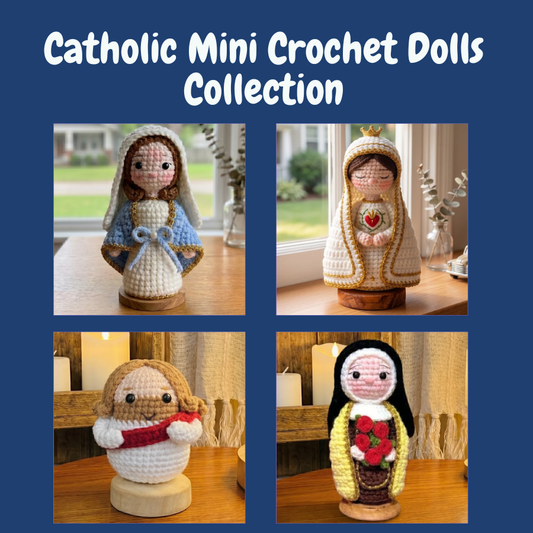Catholic Mini Crochet Dolls Collection – Handmade 4.8 Inch with Wooden Base