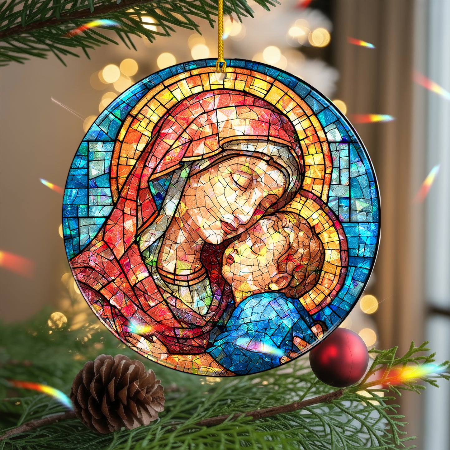 Stained Glass Madonna and Child Holographic Christmas Ornament | Mary and Jesus Religious Keepsake | Christian Tree Decoration