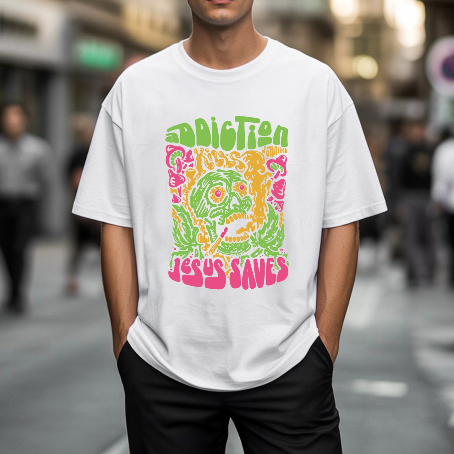 "Addiction Jesus Saves" Skull Design Christian T-Shirt | Faith Guided Life Apparel