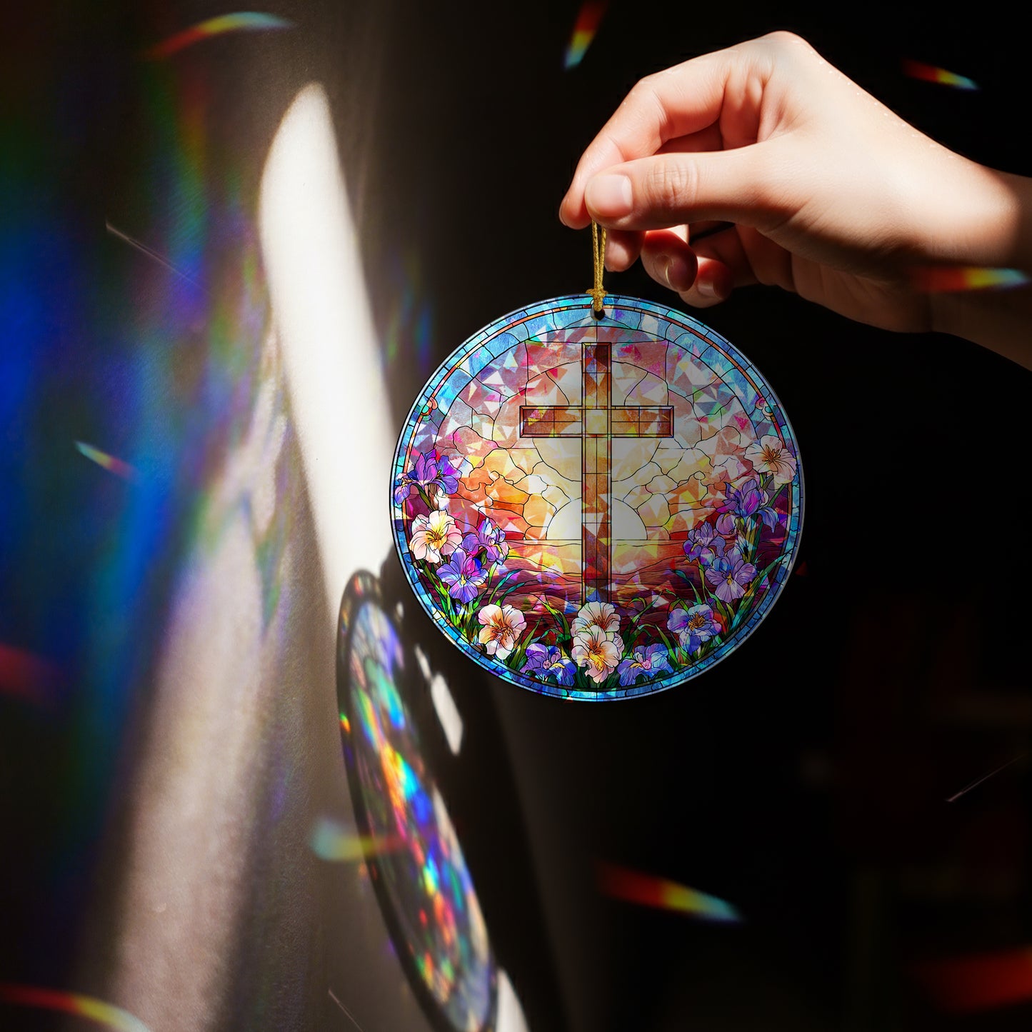 Stained Glass Cross Holographic Christmas Ornament | Symbol of Hope & New Life | Religious Christian Keepsake