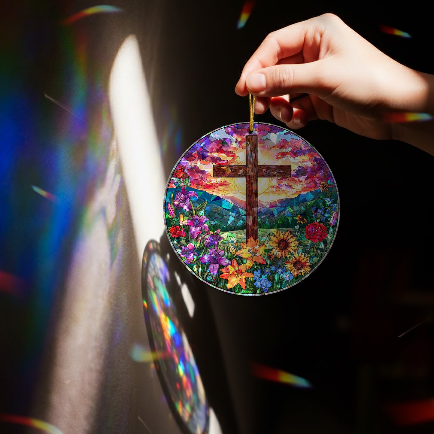Stained Glass Cross Holographic Christmas Ornament | Symbol of Hope & New Life | Religious Christian Keepsake