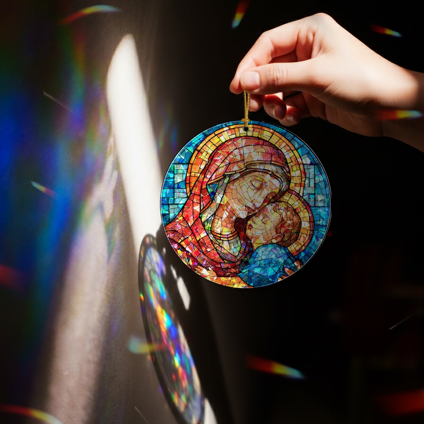 Stained Glass Madonna and Child Holographic Christmas Ornament | Mary and Jesus Religious Keepsake | Christian Tree Decoration