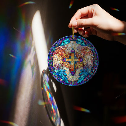 Stained Glass Angel Wing Cross Holographic Ornament | Symbol of Hope & Victory | Christian Keepsake