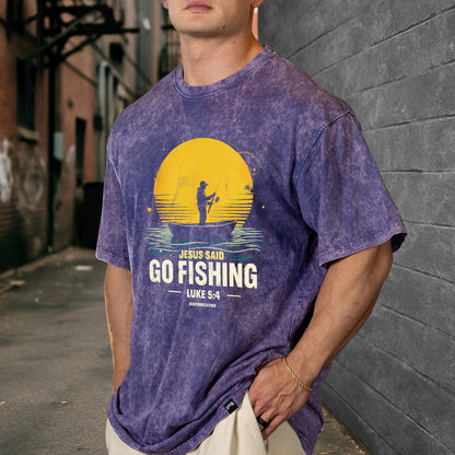 Jesus Said Go Fishing Luke 5:4 Christian Washed 100% Cotton T-Shirt Biblical Fishing Faith Tee