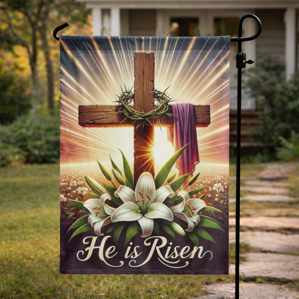 He Is Risen Wooden Cross Lily Easter Garden Flag