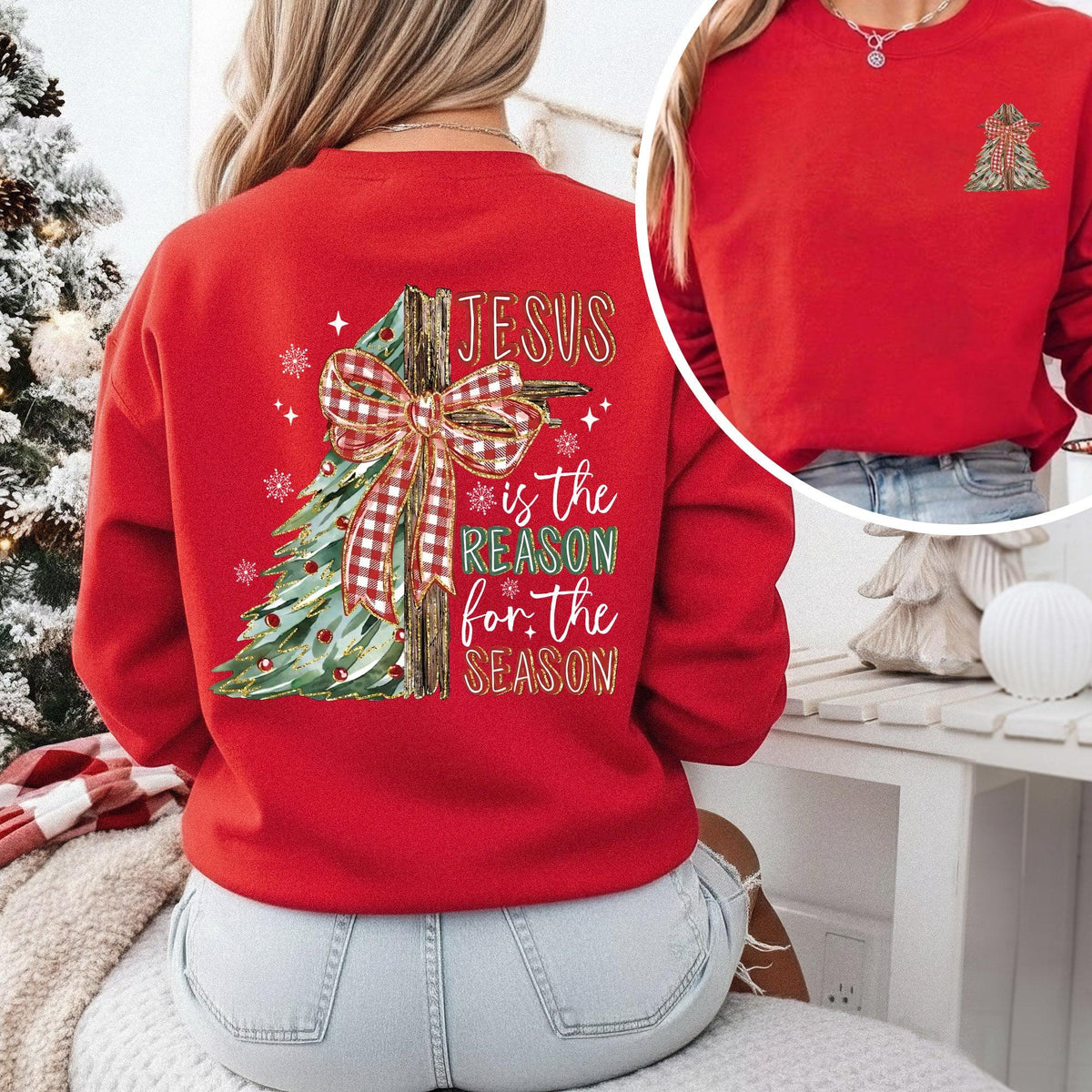 Jesus Is the Reason – Christmas Tree & Cross Bow Design - Two sides - Merry Christmas - Unisex Tshirt / Hoodie / Sweatshirt - Faith Guided Life