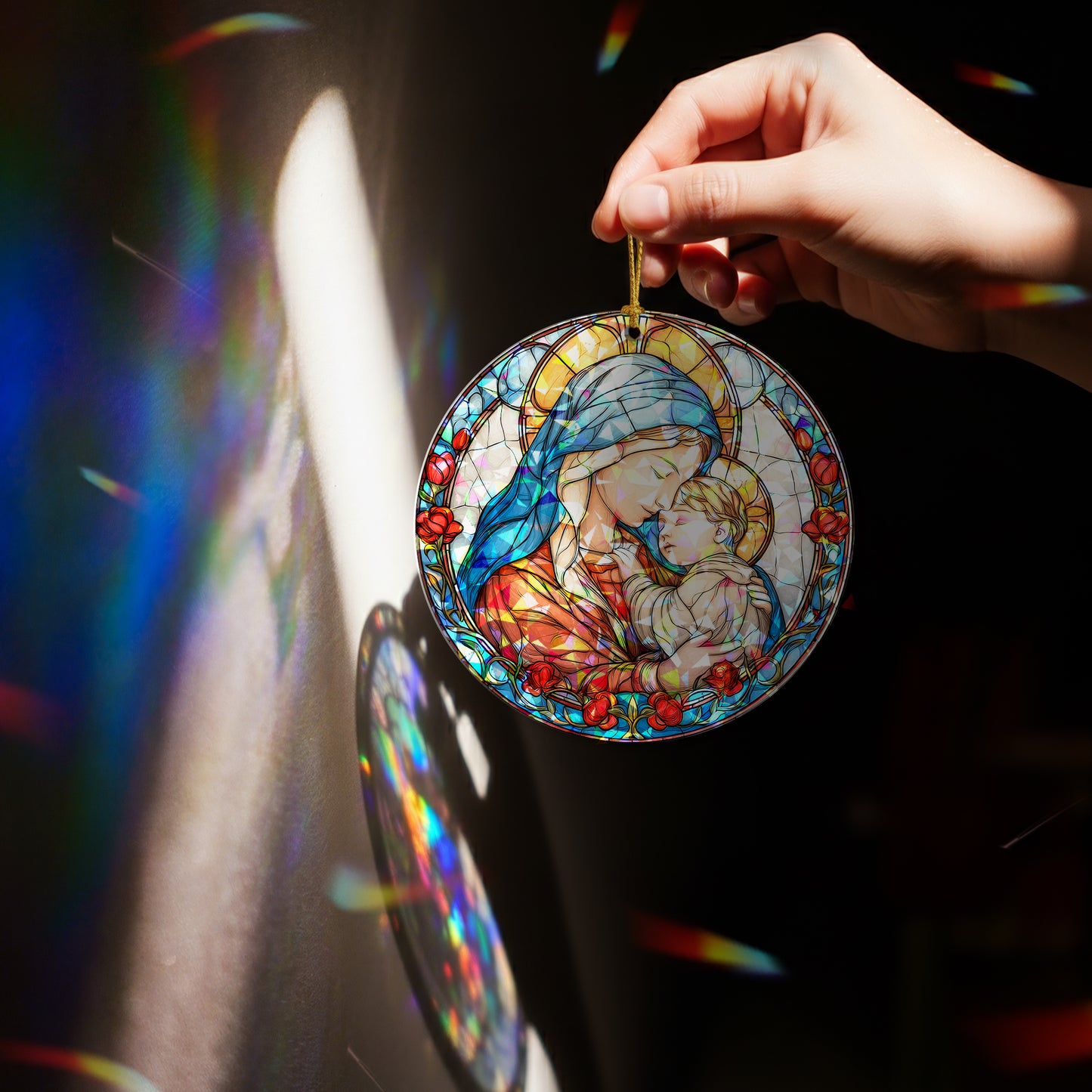 Stained Glass Madonna and Child Holographic Christmas Ornament | Mary and Jesus Religious Keepsake | Christian Tree Decoration