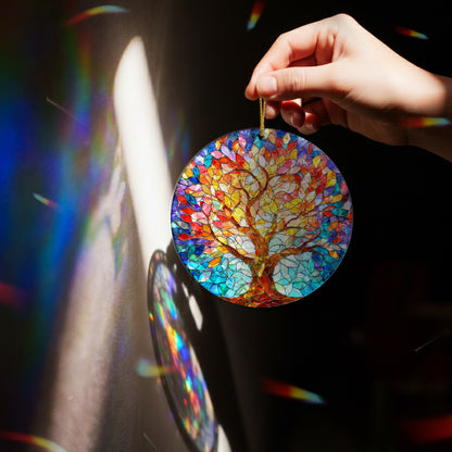 Vibrant Tree of Life Stained Glass Holographic Christmas Ornament | Symbol of Growth & Family | Colorful Holiday Keepsake