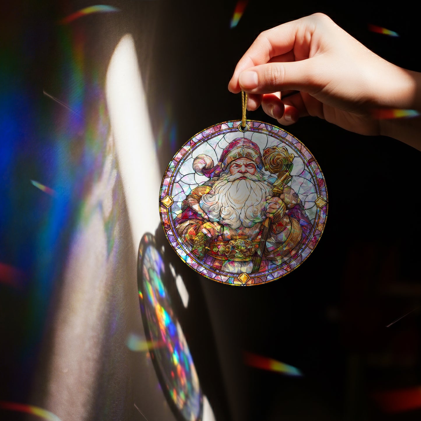 Stained Glass Santa Claus Holographic Christmas Ornament | Majestic St. Nick | Festive Holiday Keepsake