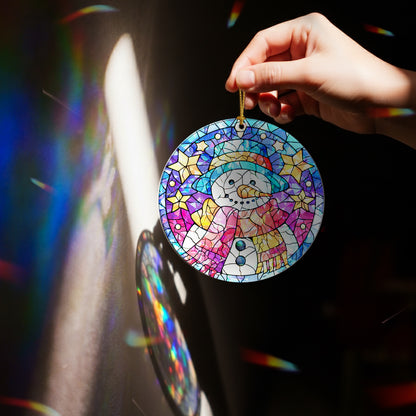Stained Glass Snowman Holographic Christmas Ornament | Festive Holiday Keepsake | Winter Wonderland Decoration