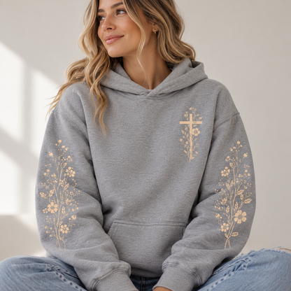 Floral Cross Christian Faith Hoodie – Unisex Religious Floral Sleeve Hoodie