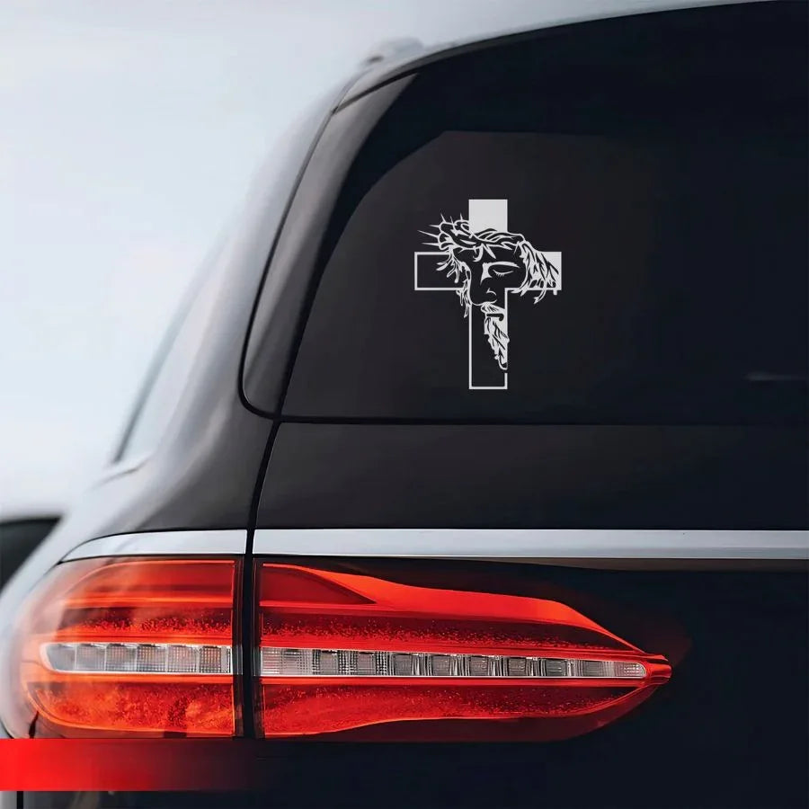 Jesus Face & Cross Decal – Waterproof Christian Sticker for Car, Laptop, Water Bottle & More - Faith Guided Life