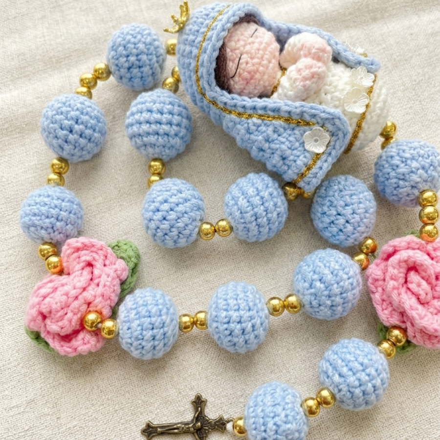 Handmade Crochet Rosary with Blessed Virgin Mary Figurine