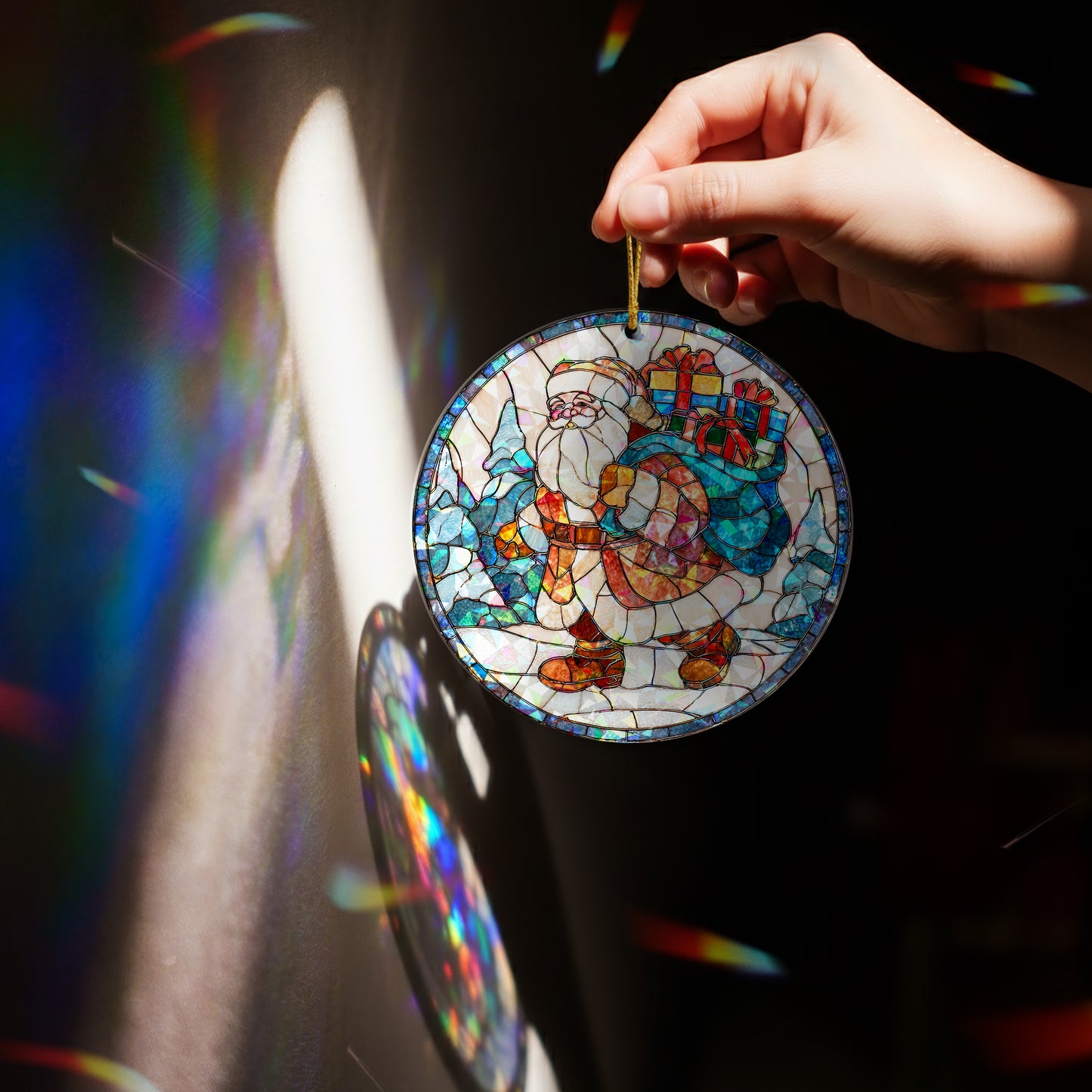 Stained Glass Santa Claus Holographic Christmas Ornament | Festive Holiday Keepsake | Jolly St. Nick Tree Decoration