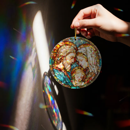 Stained Glass Holy Family Holographic Christmas Ornament | Religious Christian Keepsake | Nativity Decoration