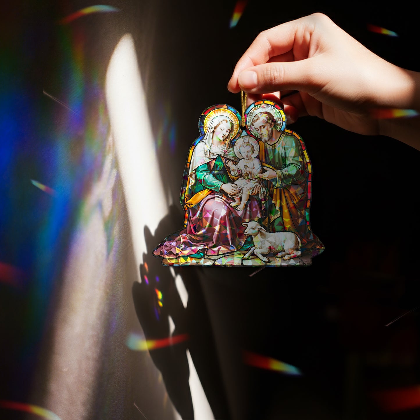 Stained Glass Holy Family Bell Holographic Christmas Ornament | Nativity Bell Keepsake | Religious Christian Decoration