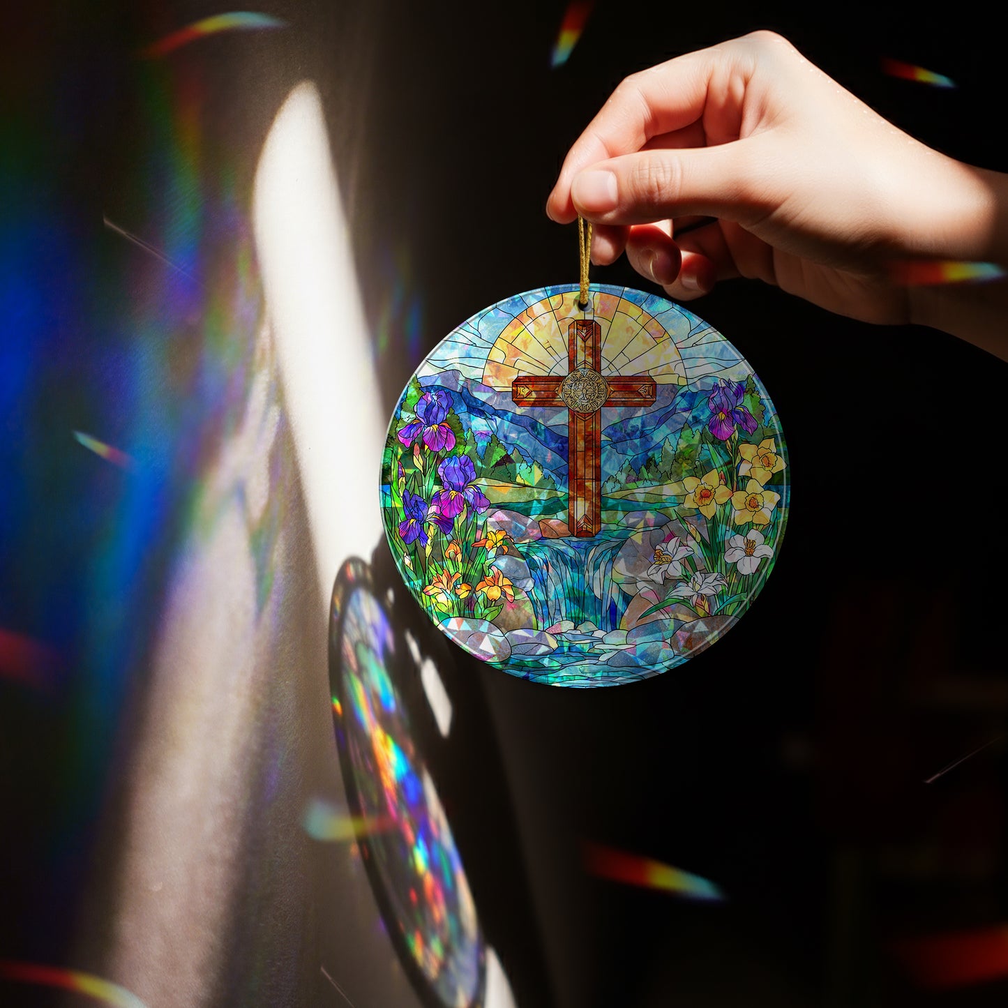 Stained Glass Cross Holographic Christmas Ornament | Symbol of Hope & New Life | Religious Christian Keepsake