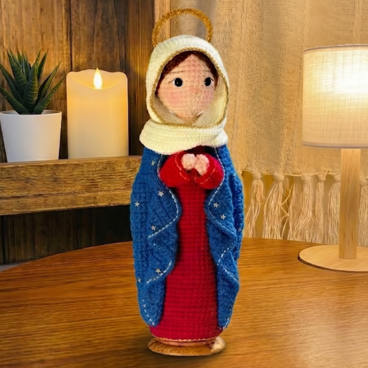 Handmade Crochet Virgin Mary Doll with Halo (Includes Wooden Base)
