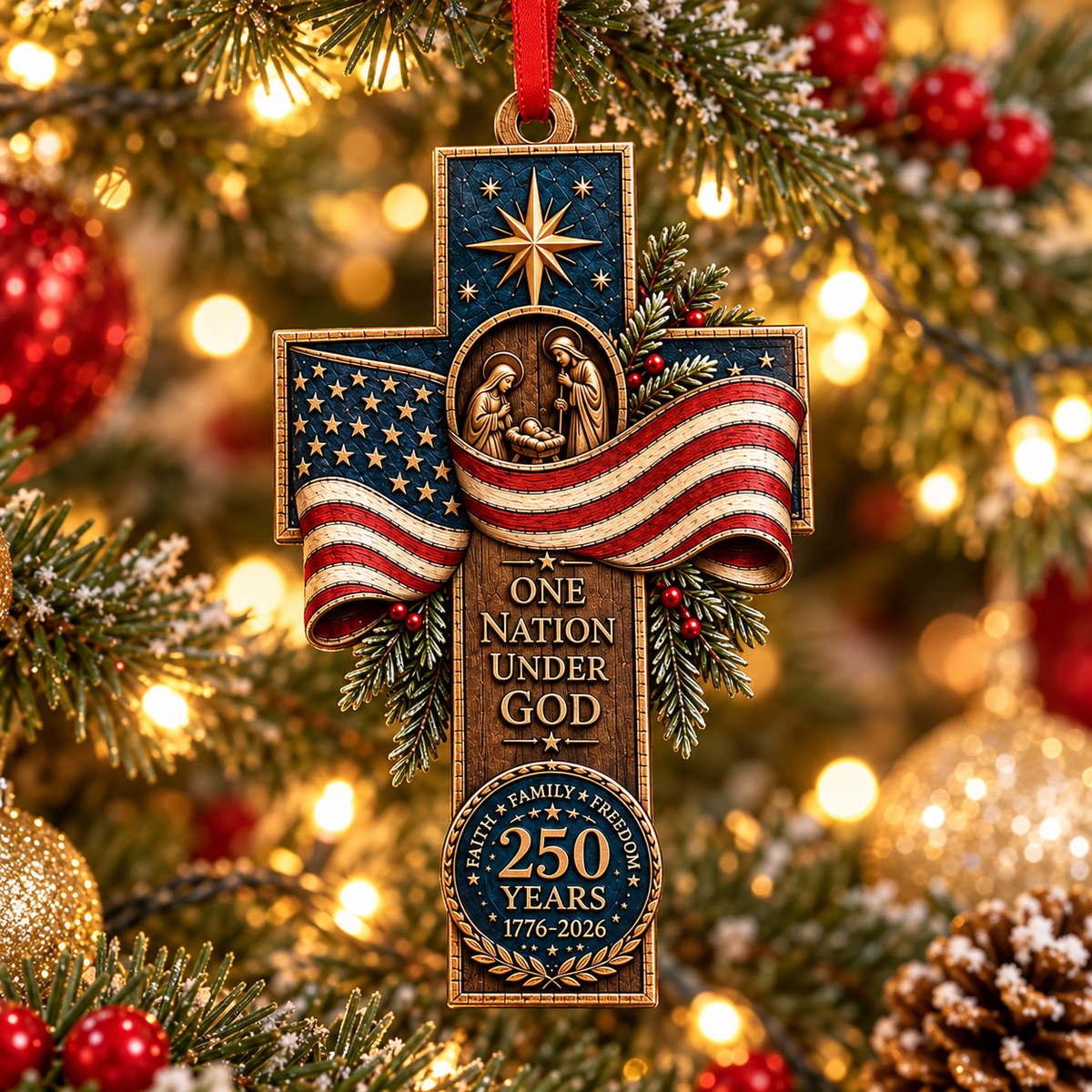 One Nation Under God 250 Years Cross Ornament – Faith Family Freedom Christmas Decor