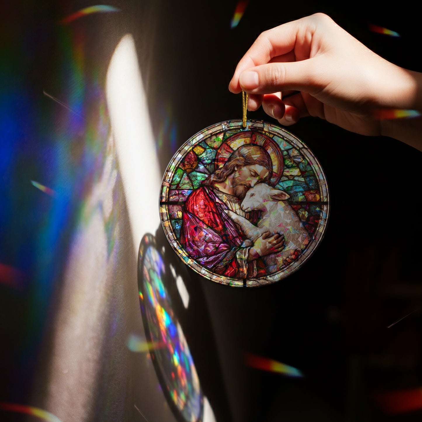 Stained Glass Good Shepherd Holographic Christmas Ornament | Jesus and Lamb Religious Keepsake | Christian Tree Decoration