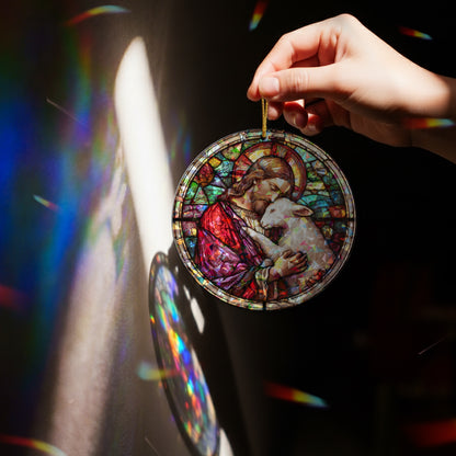 Stained Glass Good Shepherd Holographic Christmas Ornament | Jesus and Lamb Religious Keepsake | Christian Tree Decoration