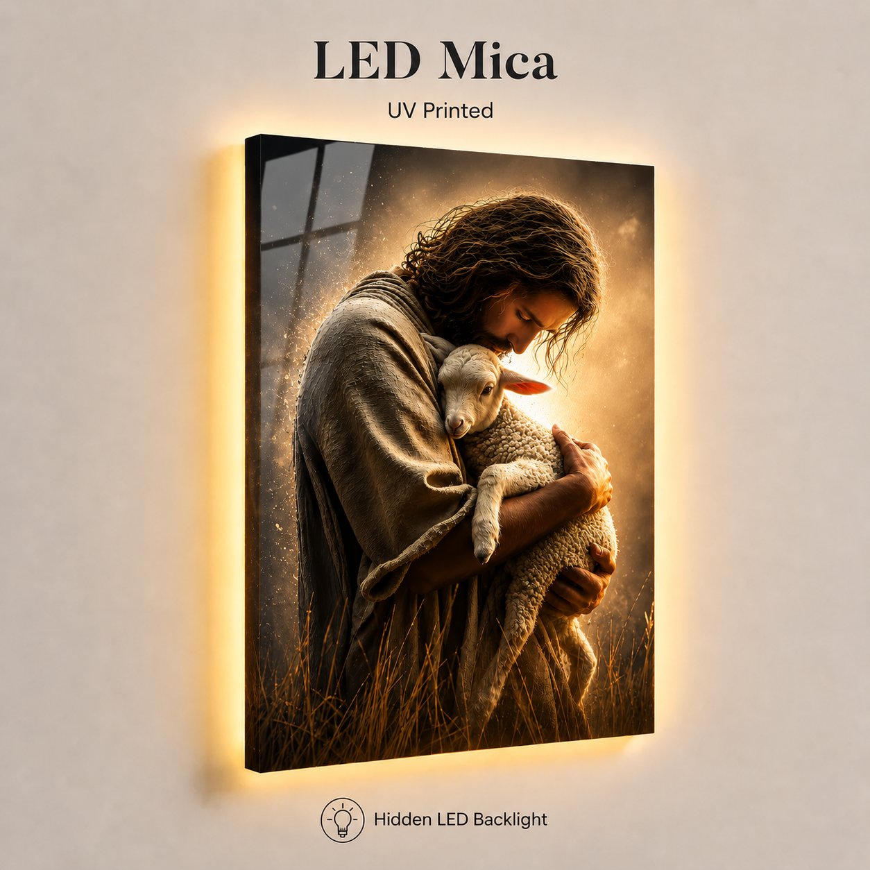 LED Jesus The Good Shepherd Canvas/Mica – Christian Wall Art with Hidden Backlight