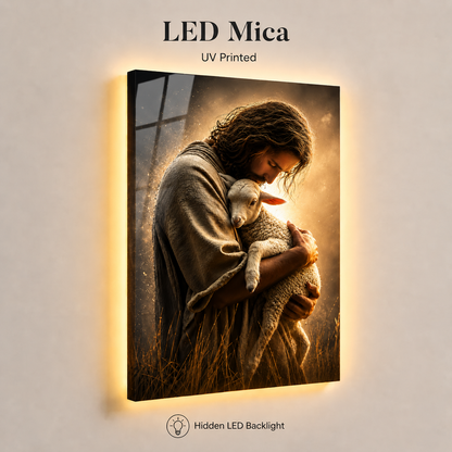 LED Jesus The Good Shepherd Canvas/Mica – Christian Wall Art with Hidden Backlight