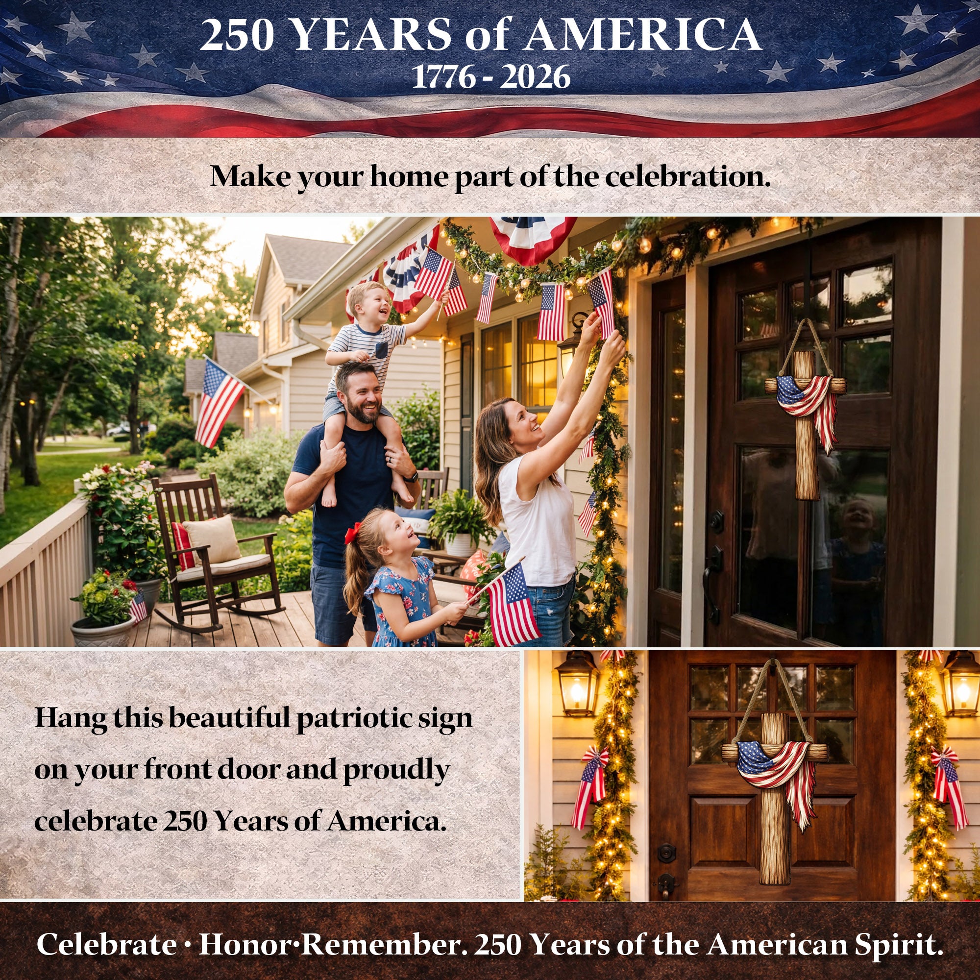 Rustic USA Faith Cross Door Decor for Memorial Day, Independence Day, and Everyday Home Display