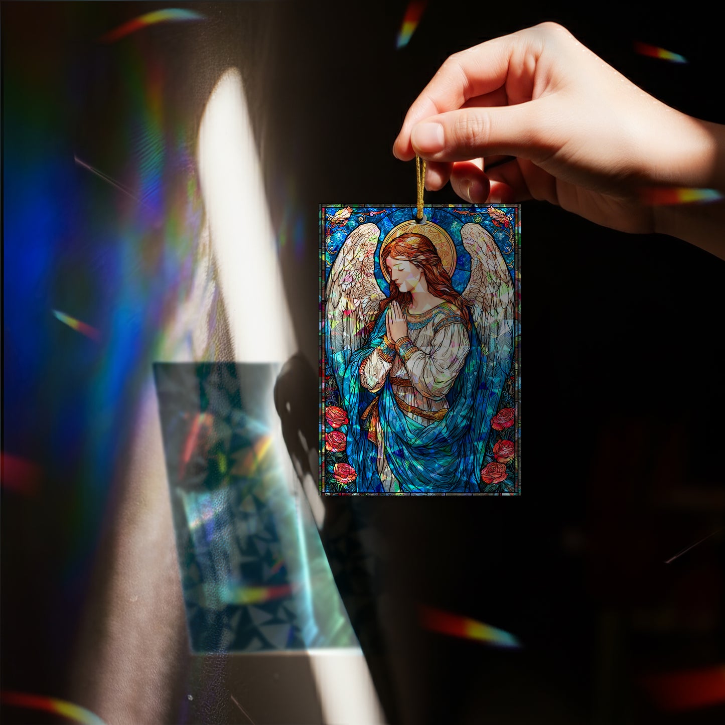 Stained Glass Angel Holographic Christmas Ornament | Serene Angel of Peace | Religious Christian Keepsake