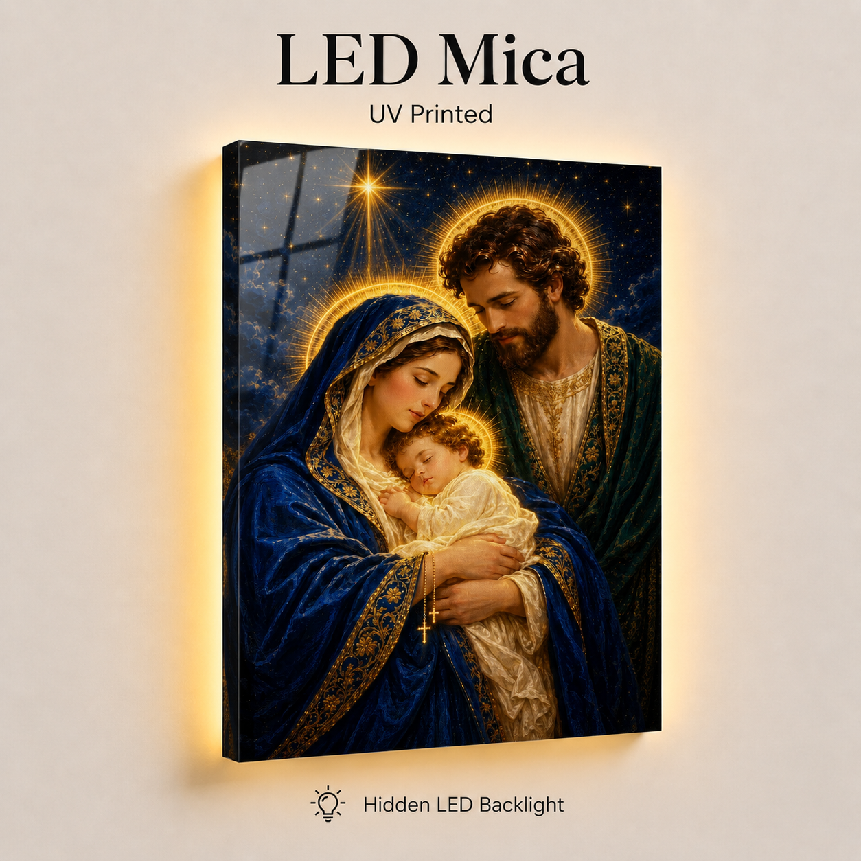 LED Holy Family Radiant Night Canvas/Mica – Christian Wall Art with Hidden Backlight