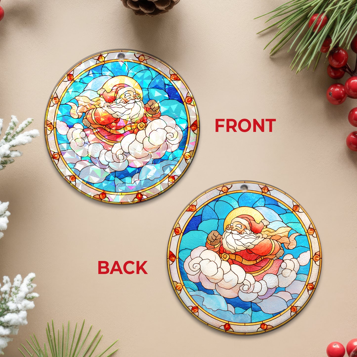 Stained Glass Santa Claus Holographic Christmas Ornament | Festive Holiday Keepsake | Jolly Tree Decoration