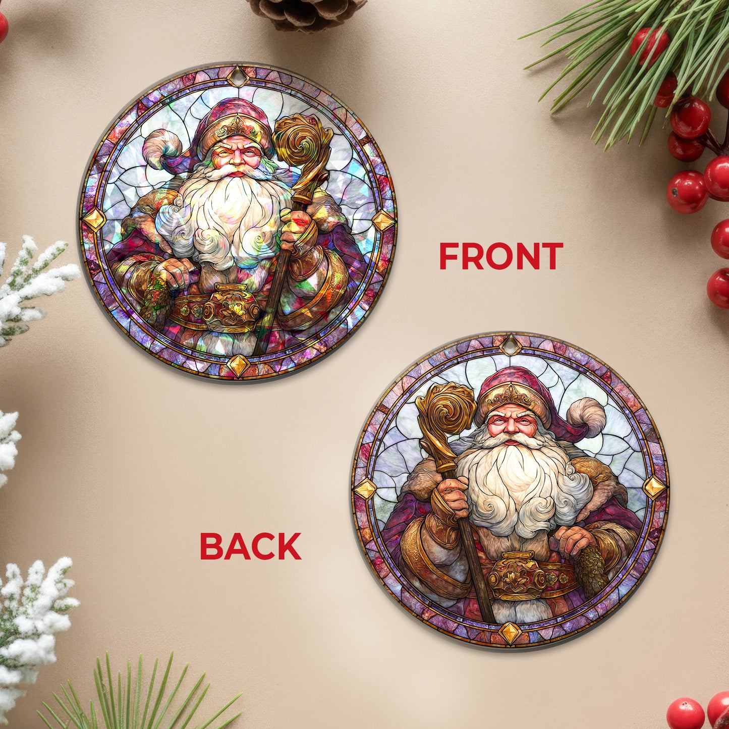 Stained Glass Santa Claus Holographic Christmas Ornament | Majestic St. Nick | Festive Holiday Keepsake