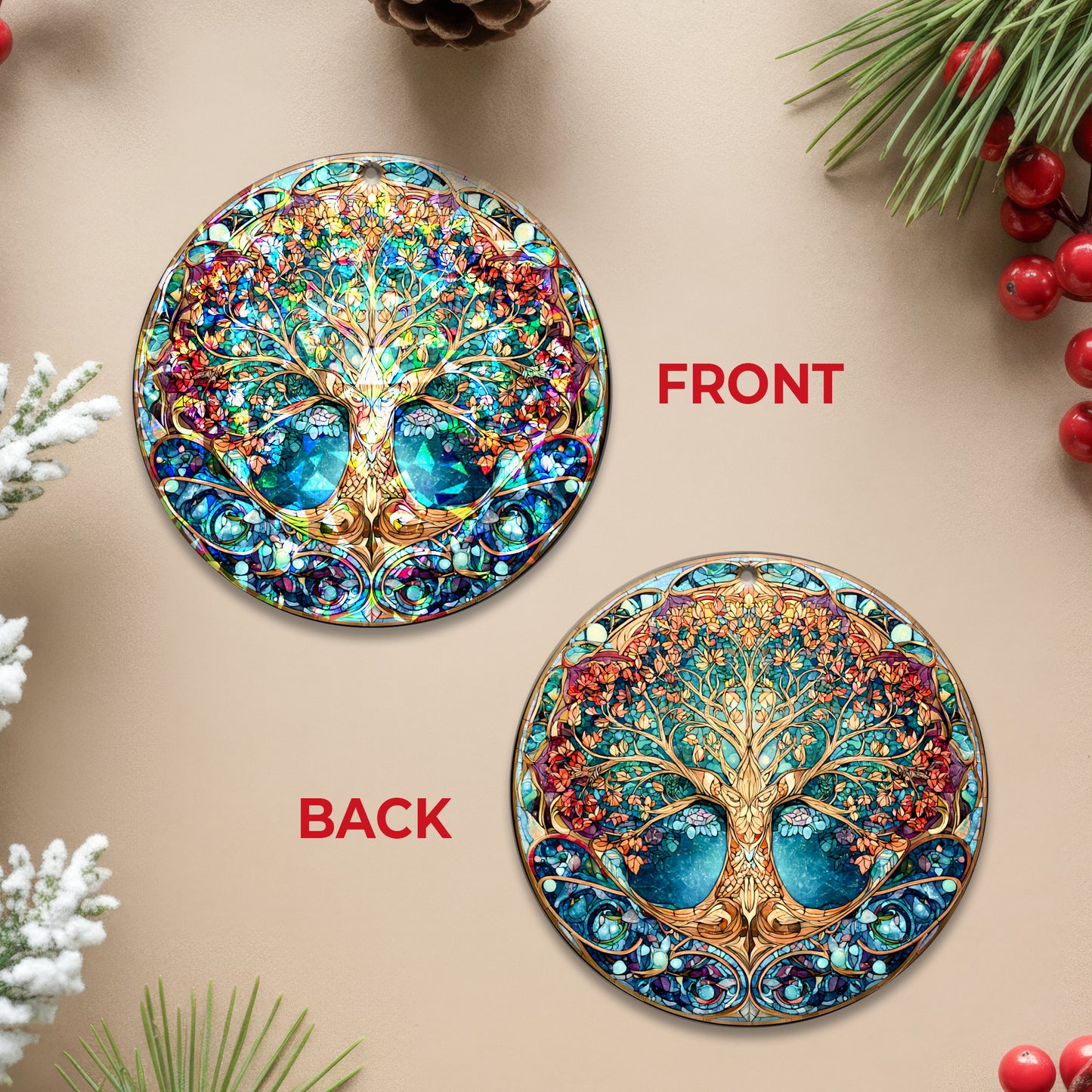 Tree of Life Stained Glass Holographic Christmas Ornament | Symbol of Family & Connection | Spiritual Keepsake Decoration