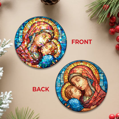 Stained Glass Madonna and Child Holographic Christmas Ornament | Mary and Jesus Religious Keepsake | Christian Tree Decoration