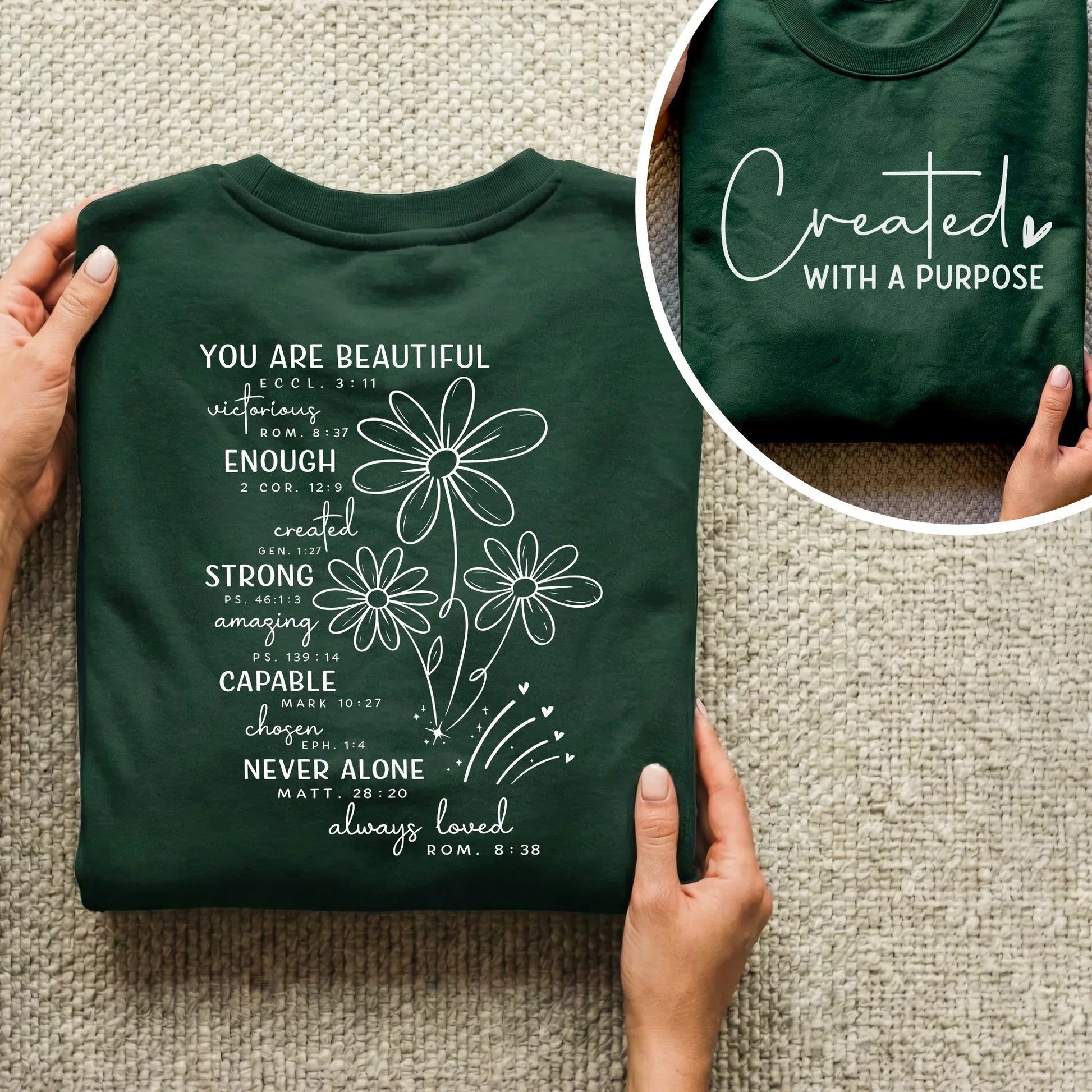 Created With a Purpose Floral Scripture Design – Two Sides – Minimalist Faith – Unisex Tshirt /Hoodie/Sweatshirt - Faith Guided Life