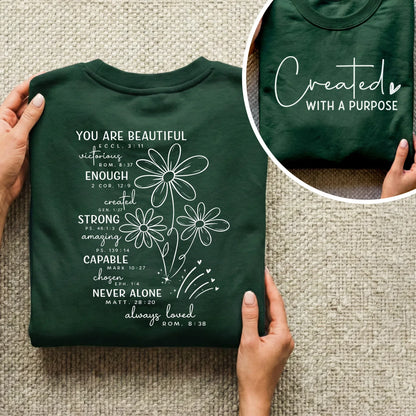 Created With a Purpose Floral Scripture Design – Two Sides – Minimalist Faith – Unisex Tshirt /Hoodie/Sweatshirt - Faith Guided Life