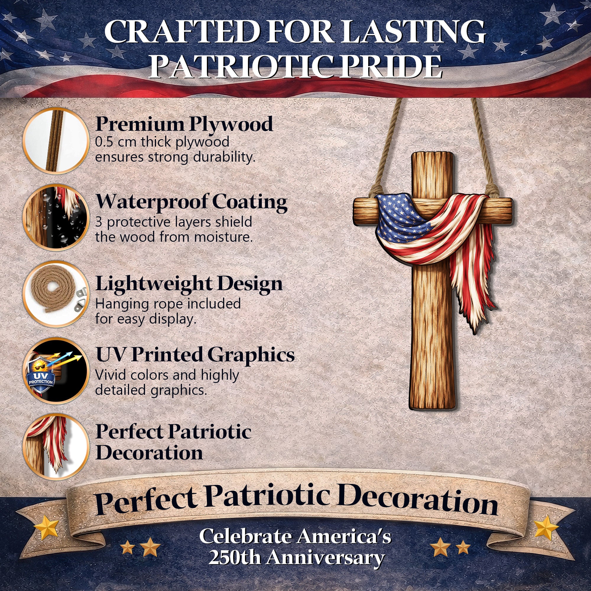Rustic USA Faith Cross Door Decor for Memorial Day, Independence Day, and Everyday Home Display