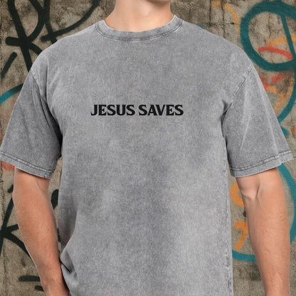 "Jesus Saves / There's Power In The Name Of Jesus" Unisex Vintage Washed Christian T-Shirt Two Sides | Acts 4:12 Salvation Declaration Tee | Faith Guided Life Apparel