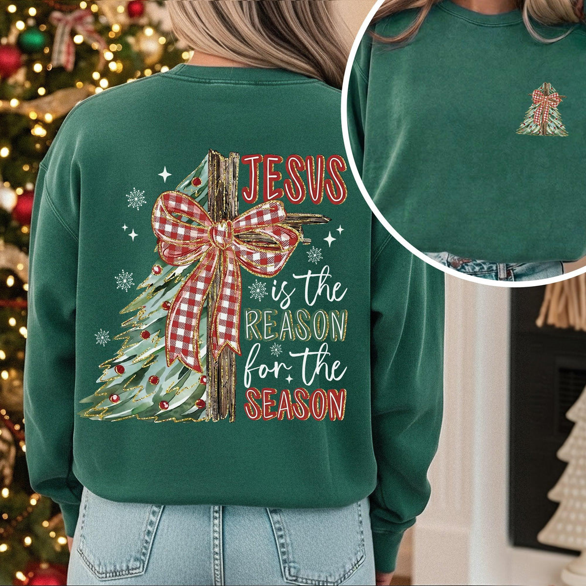 Jesus Is the Reason – Christmas Tree & Cross Bow Design - Two sides - Merry Christmas - Unisex Tshirt / Hoodie / Sweatshirt - Faith Guided Life