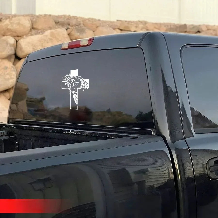 Jesus Face & Cross Decal – Waterproof Christian Sticker for Car, Laptop, Water Bottle & More - Faith Guided Life