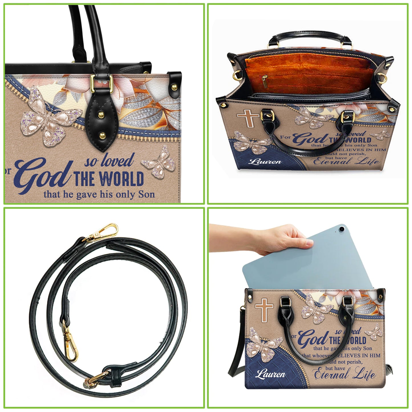 John 3:16 For God So Loved The World Eternal Life Personalized Christian Faith Leather Handbag