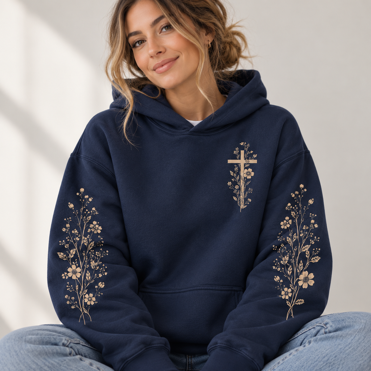 Floral Cross Christian Faith Hoodie – Unisex Religious Floral Sleeve Hoodie