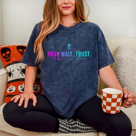 Pray Wait Trust God Has A Plan Unisex Vintage Washed T-Shirt - Divine Timing Faith Declaration