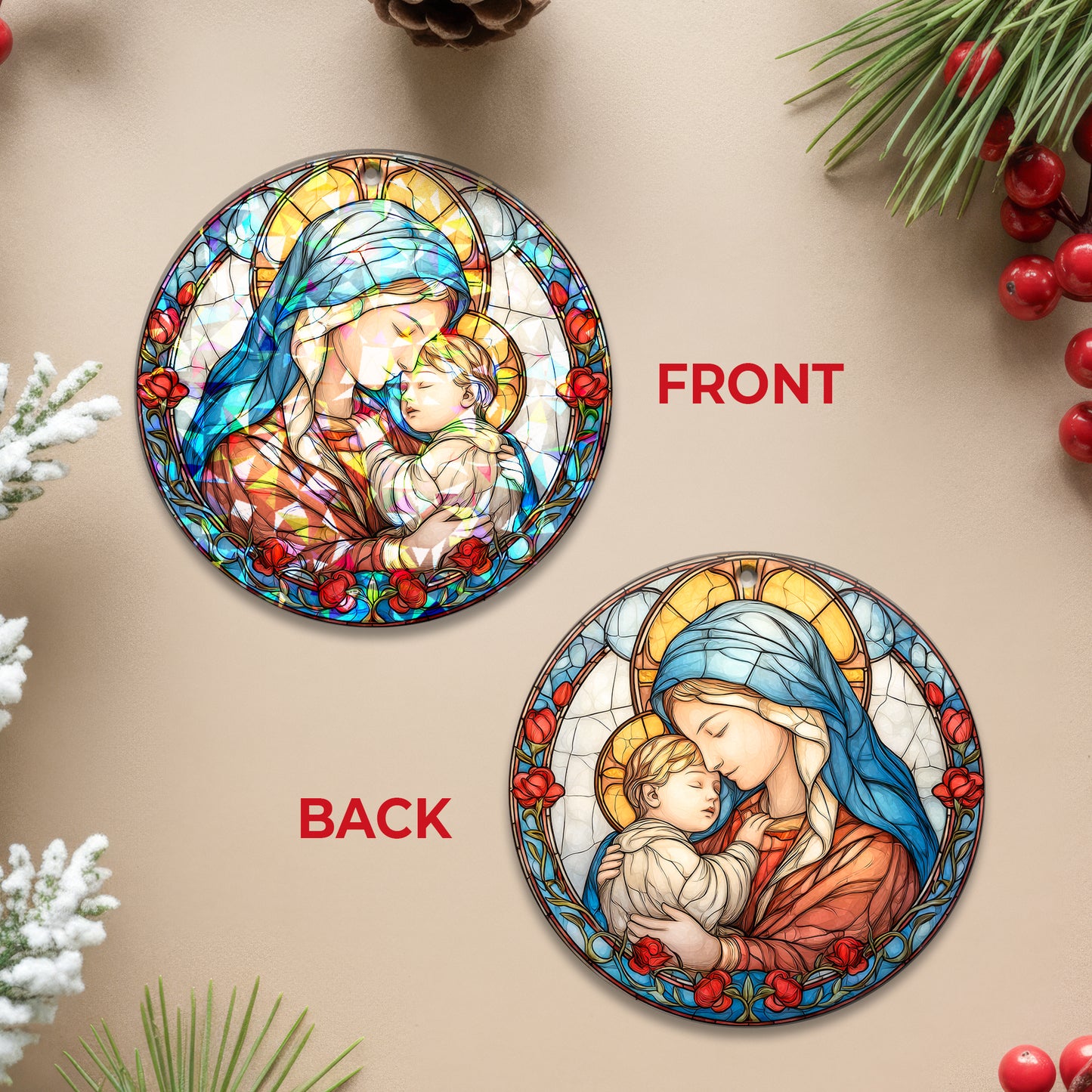 Stained Glass Madonna and Child Holographic Christmas Ornament | Mary and Jesus Religious Keepsake | Christian Tree Decoration