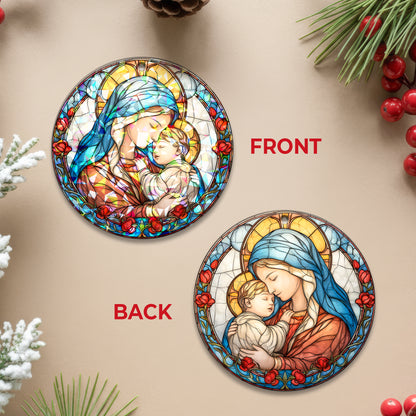 Stained Glass Madonna and Child Holographic Christmas Ornament | Mary and Jesus Religious Keepsake | Christian Tree Decoration